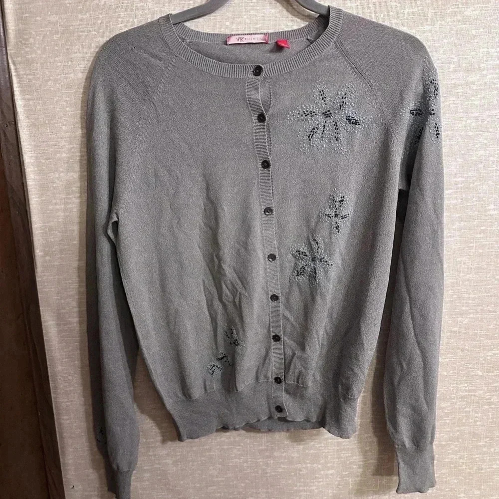 Anne Klein Grey Beaded Embroidered Grey Button Up Cardigan‎ Size Medium